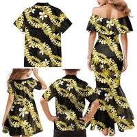 Puakenikeni Maile Lei Family Matching Mermaid Dress and Hawaiian Shirt Frangipani Yellow Tropical Leaves