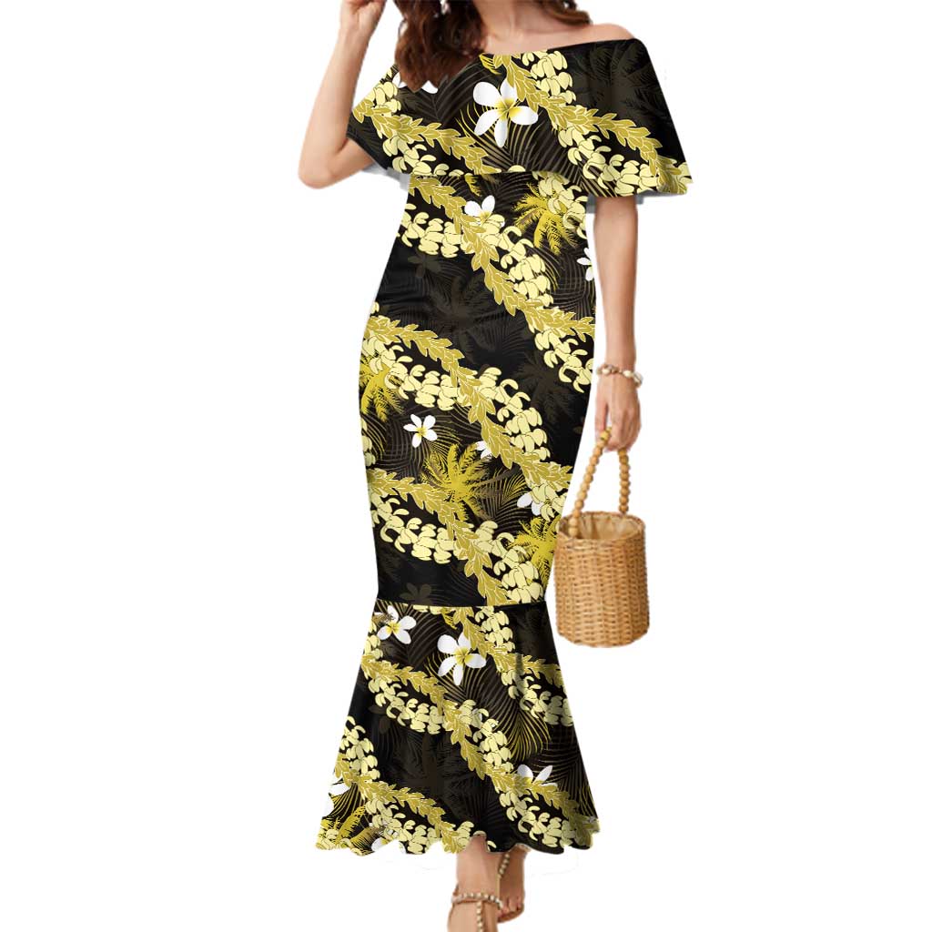 Puakenikeni Maile Lei Family Matching Mermaid Dress and Hawaiian Shirt Frangipani Yellow Tropical Leaves