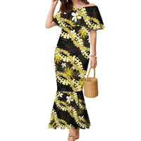 Puakenikeni Maile Lei Family Matching Mermaid Dress and Hawaiian Shirt Frangipani Yellow Tropical Leaves