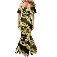 Puakenikeni Maile Lei Family Matching Mermaid Dress and Hawaiian Shirt Frangipani Yellow Tropical Leaves