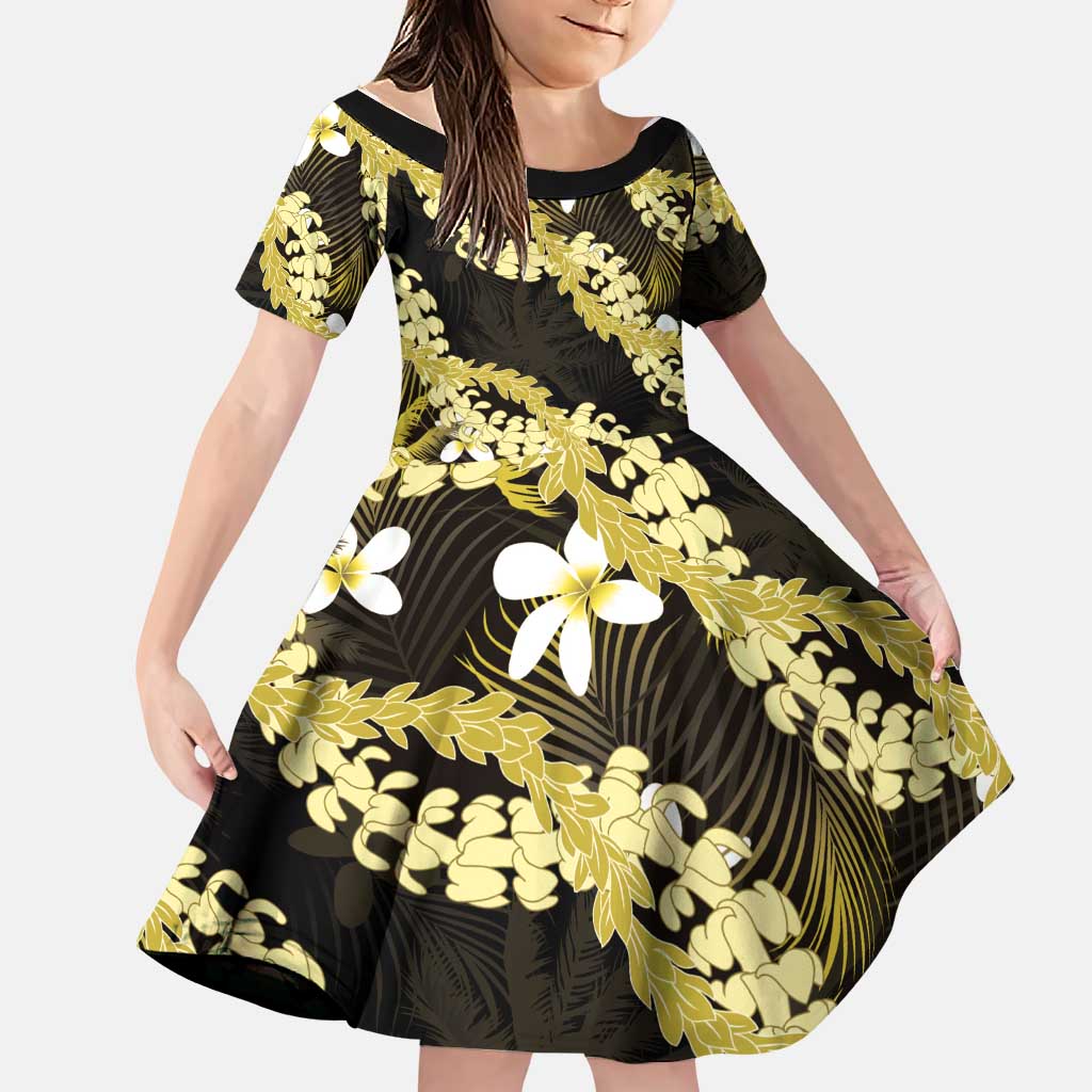 Puakenikeni Maile Lei Family Matching Summer Maxi Dress and Hawaiian Shirt Frangipani Yellow Tropical Leaves