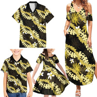 Puakenikeni Maile Lei Family Matching Summer Maxi Dress and Hawaiian Shirt Frangipani Yellow Tropical Leaves
