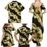 Puakenikeni Maile Lei Family Matching Summer Maxi Dress and Hawaiian Shirt Frangipani Yellow Tropical Leaves