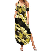 Puakenikeni Maile Lei Family Matching Summer Maxi Dress and Hawaiian Shirt Frangipani Yellow Tropical Leaves
