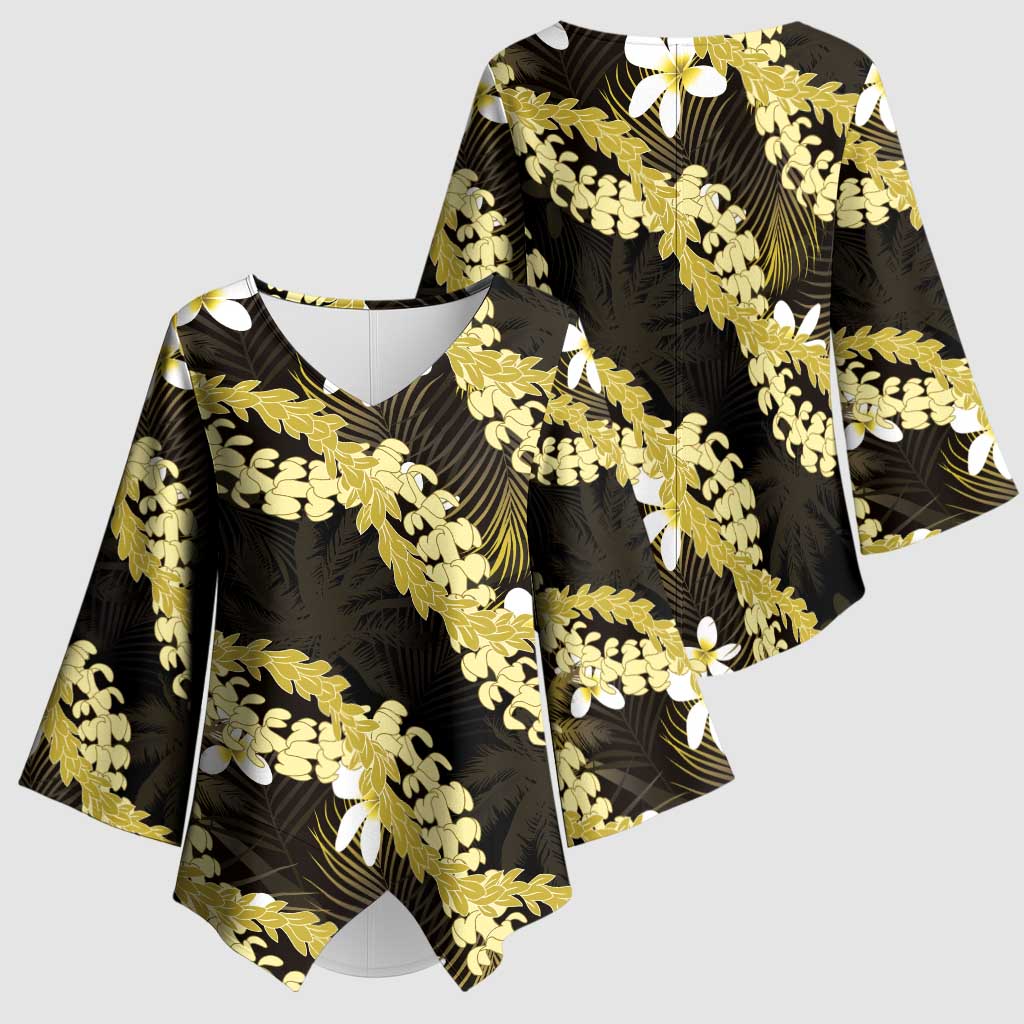 Puakenikeni Maile Lei Kimono Sleeve Blouse Frangipani Yellow Tropical Leaves LT01 - Polynesian Pride