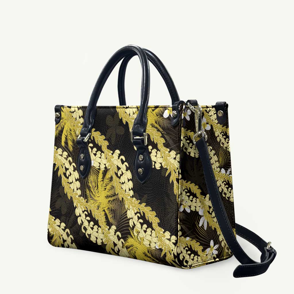 Puakenikeni Maile Lei Leather Bag Frangipani Yellow Tropical Leaves