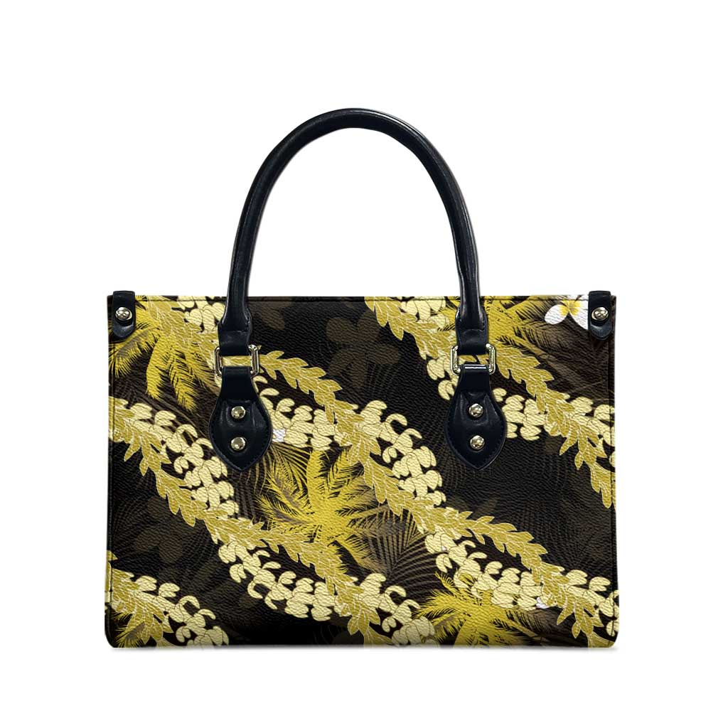 Puakenikeni Maile Lei Leather Bag Frangipani Yellow Tropical Leaves