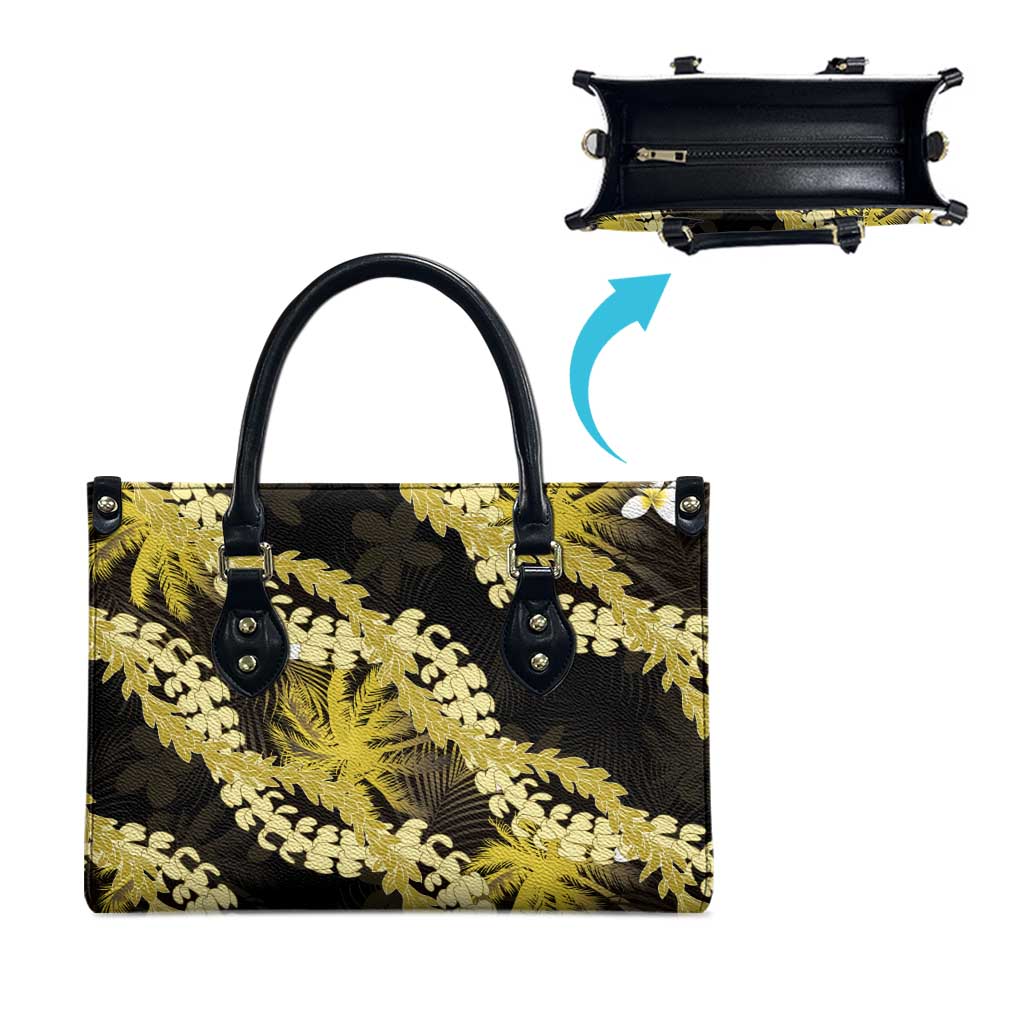 Puakenikeni Maile Lei Leather Bag Frangipani Yellow Tropical Leaves