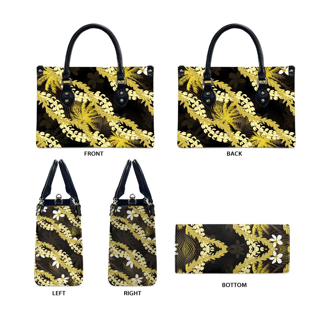 Puakenikeni Maile Lei Leather Bag Frangipani Yellow Tropical Leaves