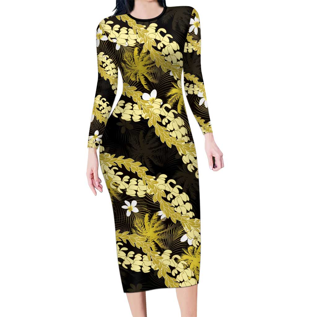 Puakenikeni Maile Lei Long Sleeve Bodycon Dress Frangipani Yellow Tropical Leaves