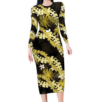 Puakenikeni Maile Lei Long Sleeve Bodycon Dress Frangipani Yellow Tropical Leaves