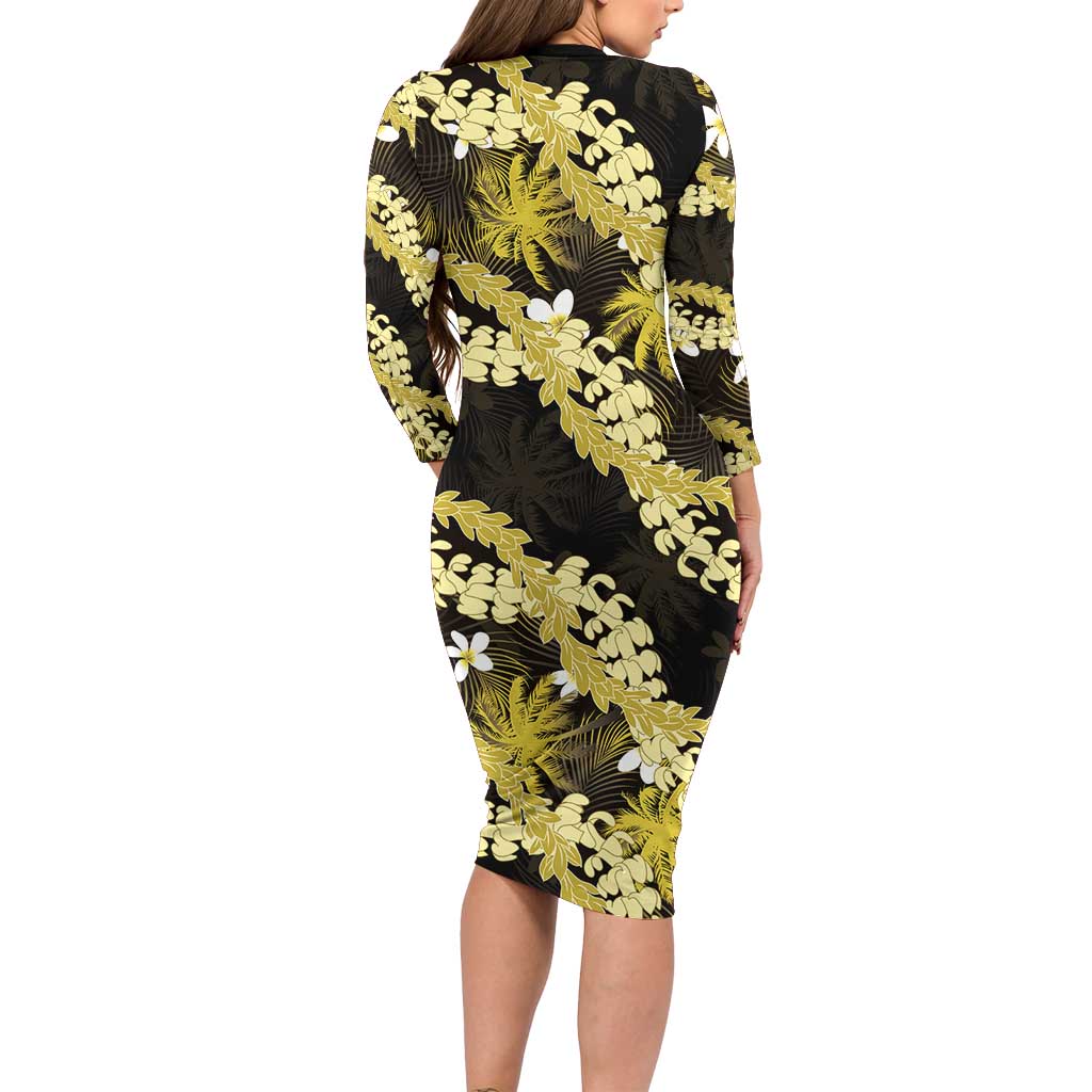 Puakenikeni Maile Lei Long Sleeve Bodycon Dress Frangipani Yellow Tropical Leaves