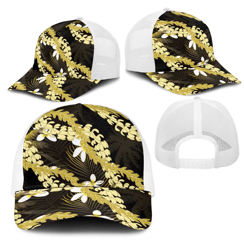 Puakenikeni Maile Lei Mesh Trucker Cap Frangipani Yellow Tropical Leaves LT01 - Polynesian Pride