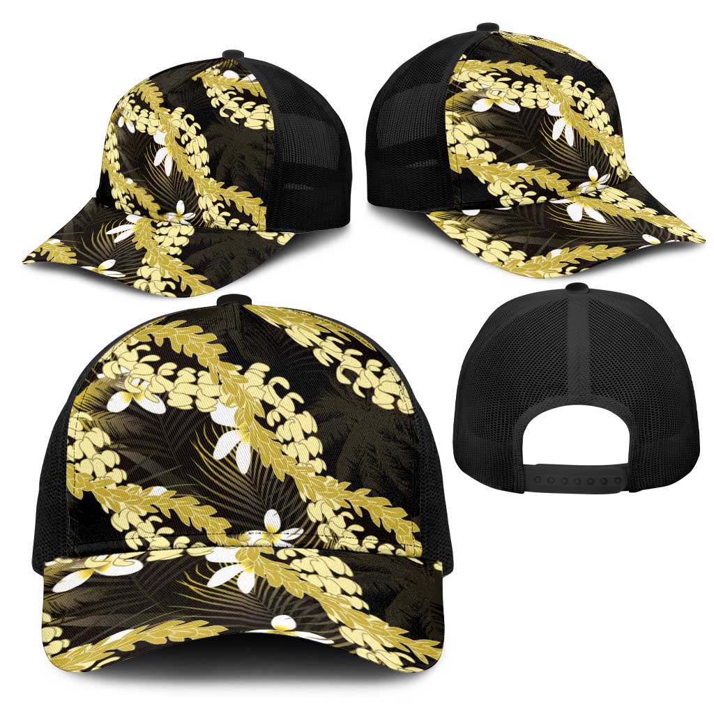 Puakenikeni Maile Lei Mesh Trucker Cap Frangipani Yellow Tropical Leaves LT01 - Polynesian Pride