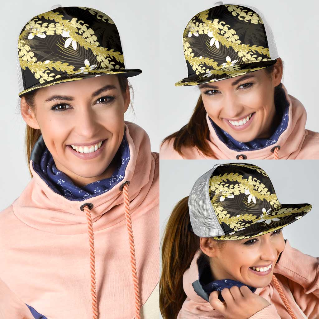 Puakenikeni Maile Lei Mesh Trucker Cap Frangipani Yellow Tropical Leaves LT01 - Polynesian Pride