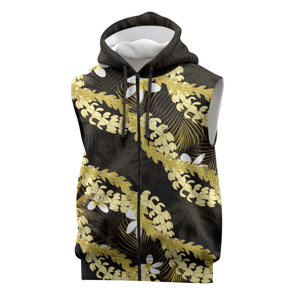 Puakenikeni Maile Lei Sleeveless Zip Hoodie Frangipani Yellow Tropical Leaves