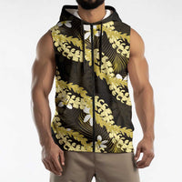 Puakenikeni Maile Lei Sleeveless Zip Hoodie Frangipani Yellow Tropical Leaves