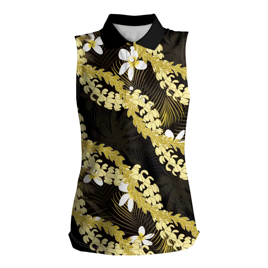 Puakenikeni Maile Lei Women Sleeveless Polo Shirt Frangipani Yellow Tropical Leaves
