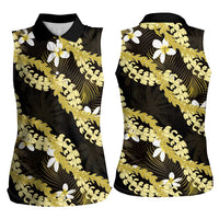 Puakenikeni Maile Lei Women Sleeveless Polo Shirt Frangipani Yellow Tropical Leaves
