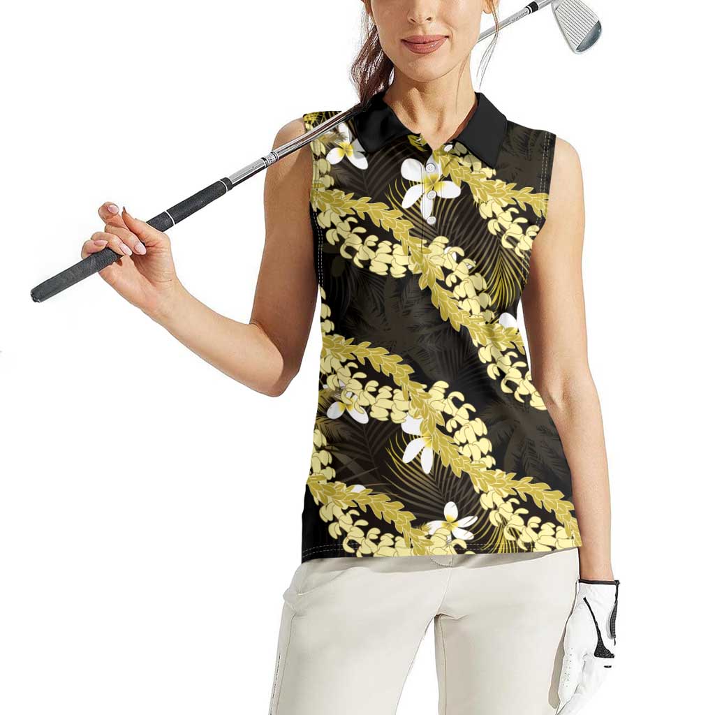 Puakenikeni Maile Lei Women Sleeveless Polo Shirt Frangipani Yellow Tropical Leaves