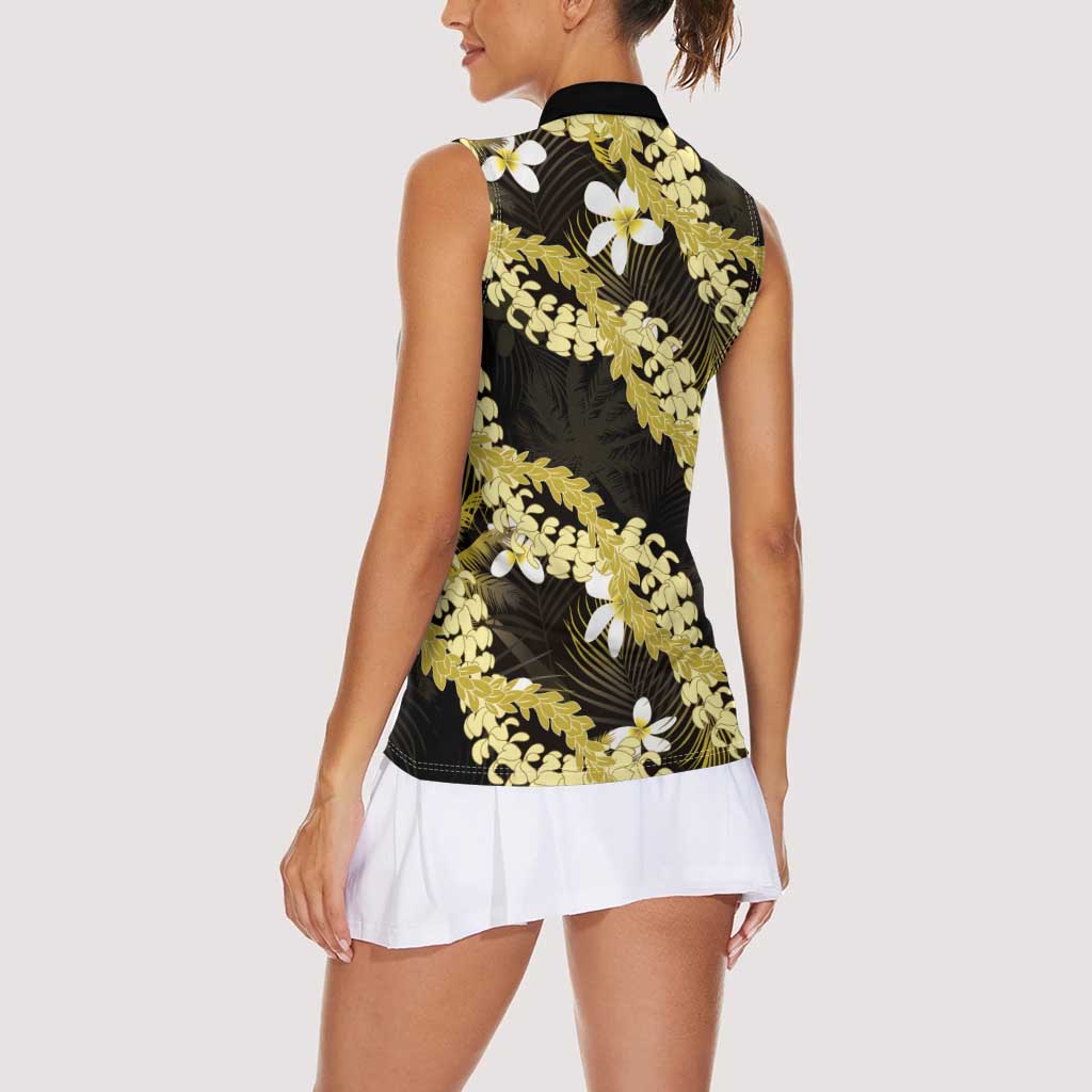 Puakenikeni Maile Lei Women Sleeveless Polo Shirt Frangipani Yellow Tropical Leaves