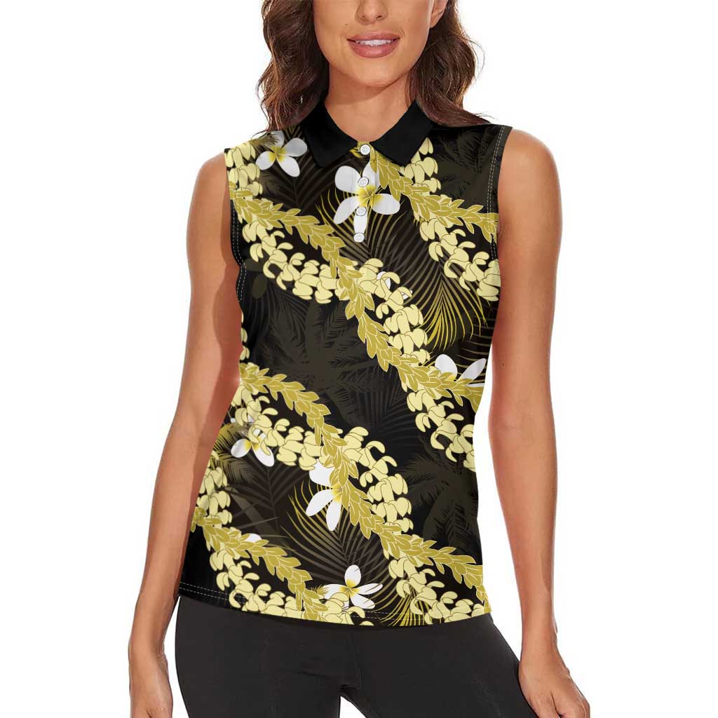 Puakenikeni Maile Lei Women Sleeveless Polo Shirt Frangipani Yellow Tropical Leaves
