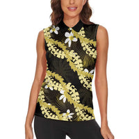 Puakenikeni Maile Lei Women Sleeveless Polo Shirt Frangipani Yellow Tropical Leaves