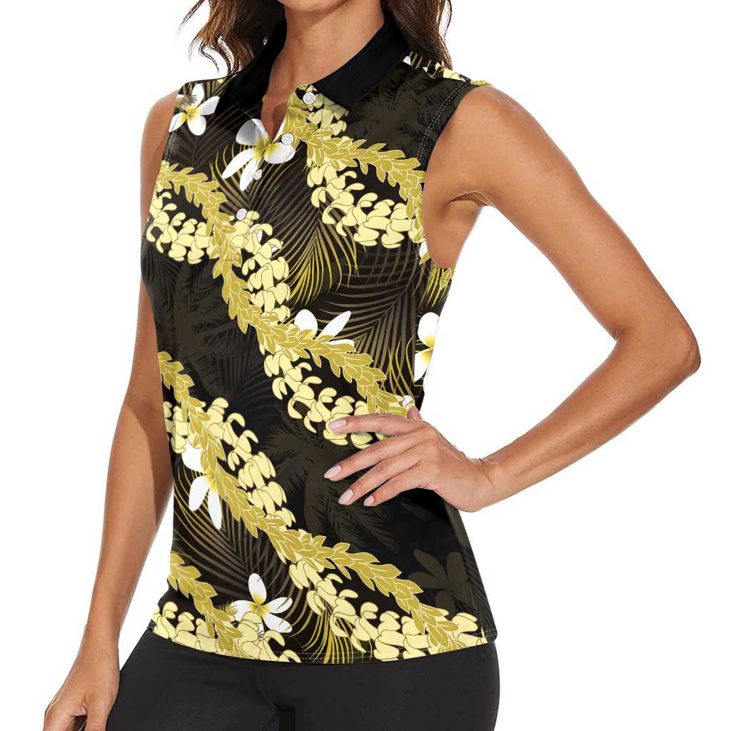 Puakenikeni Maile Lei Women Sleeveless Polo Shirt Frangipani Yellow Tropical Leaves