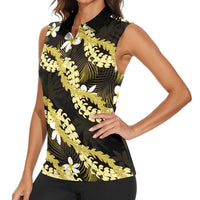 Puakenikeni Maile Lei Women Sleeveless Polo Shirt Frangipani Yellow Tropical Leaves
