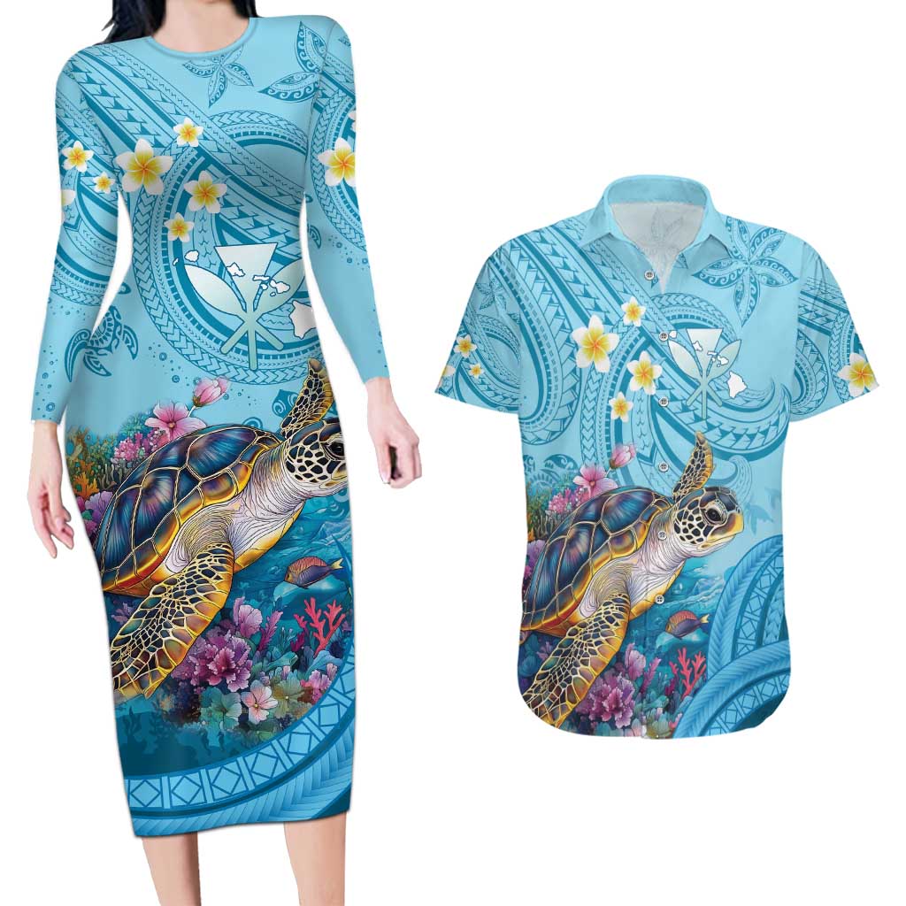 Personalized Hawaii Sea Turtle Couples Matching Long Sleeve Bodycon Dress and Hawaiian Shirt Hawaii Map Ocean Vibes