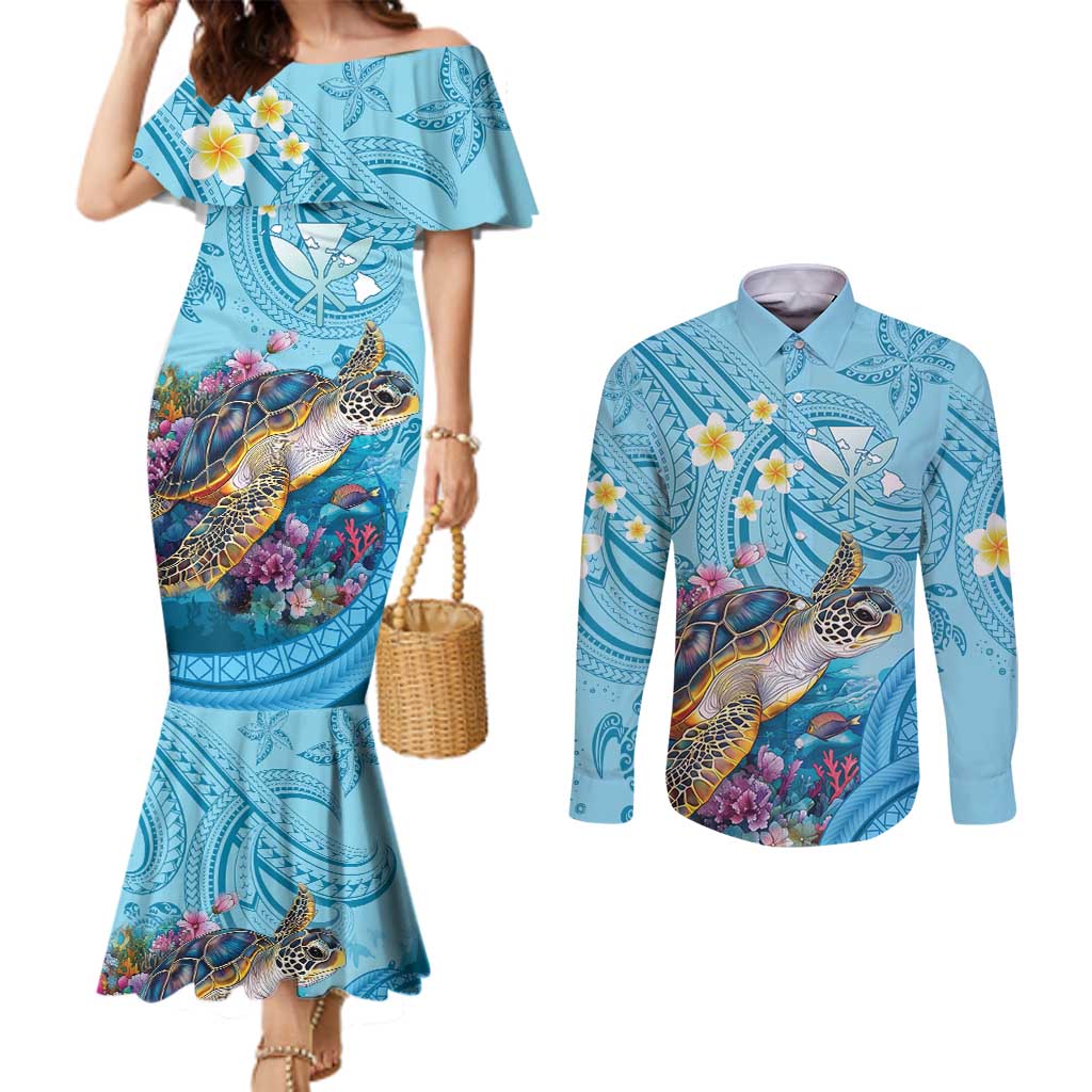 Personalized Hawaii Sea Turtle Couples Matching Mermaid Dress and Long Sleeve Button Shirt Hawaii Map Ocean Vibes