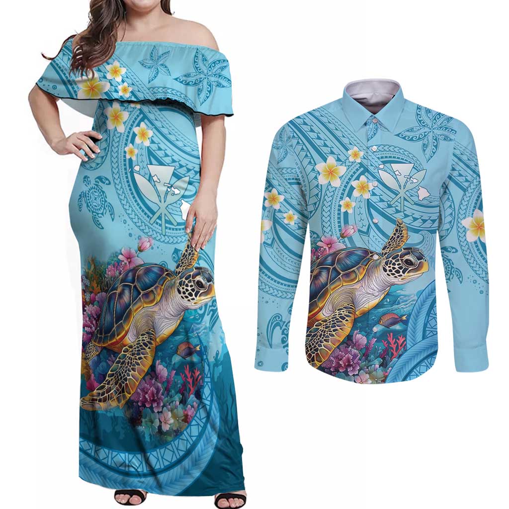 Personalized Hawaii Sea Turtle Couples Matching Off Shoulder Maxi Dress and Long Sleeve Button Shirt Hawaii Map Ocean Vibes