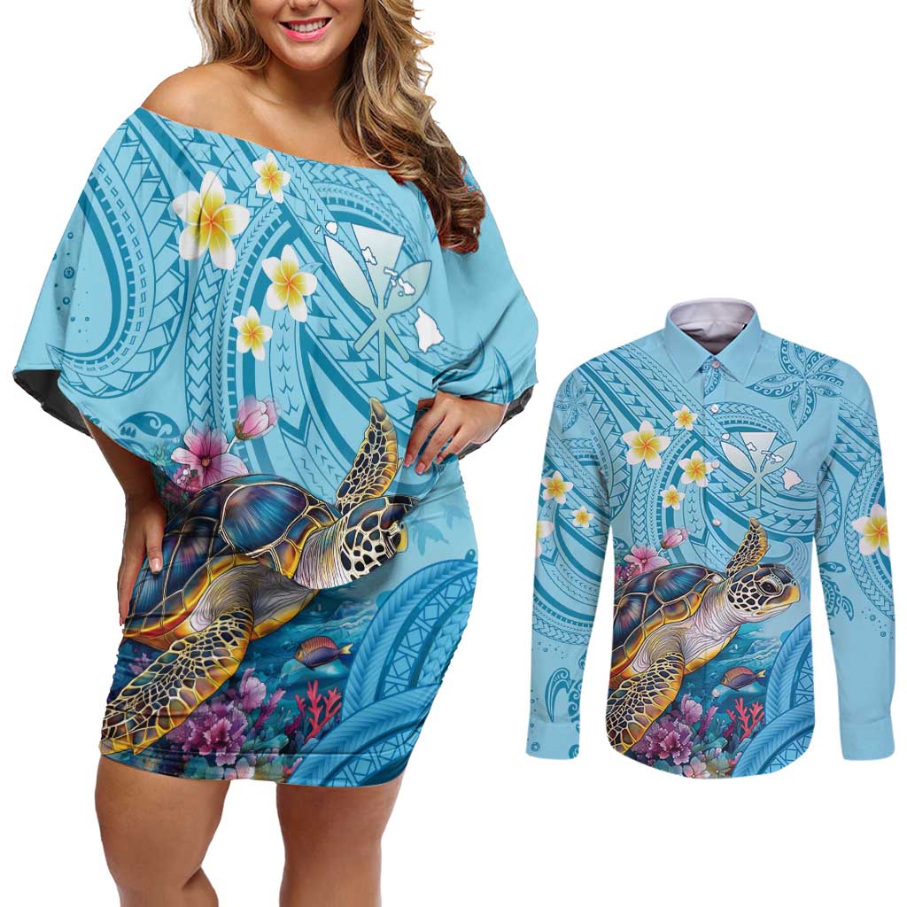 Personalized Hawaii Sea Turtle Couples Matching Off Shoulder Short Dress and Long Sleeve Button Shirt Hawaii Map Ocean Vibes
