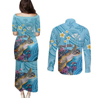Personalized Hawaii Sea Turtle Couples Matching Puletasi and Long Sleeve Button Shirt Hawaii Map Ocean Vibes