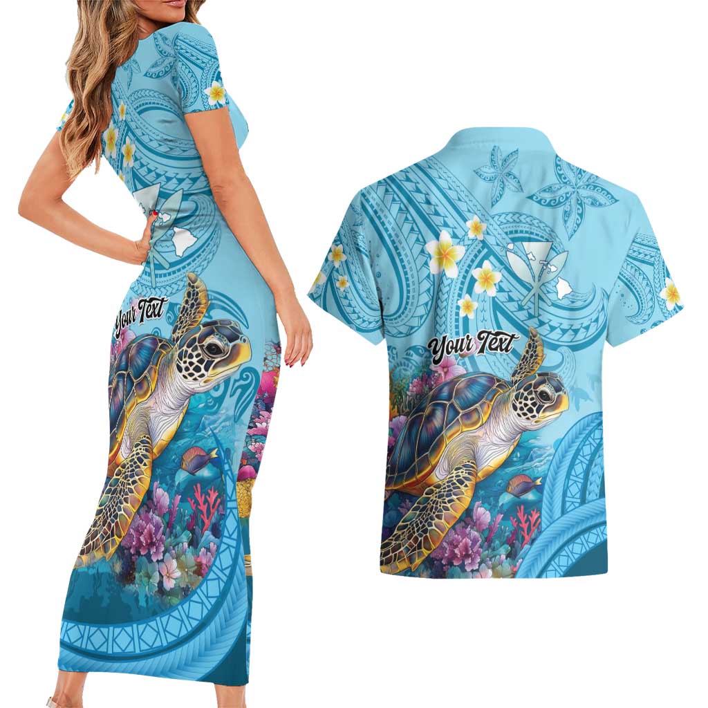 Personalized Hawaii Sea Turtle Couples Matching Short Sleeve Bodycon Dress and Hawaiian Shirt Hawaii Map Ocean Vibes