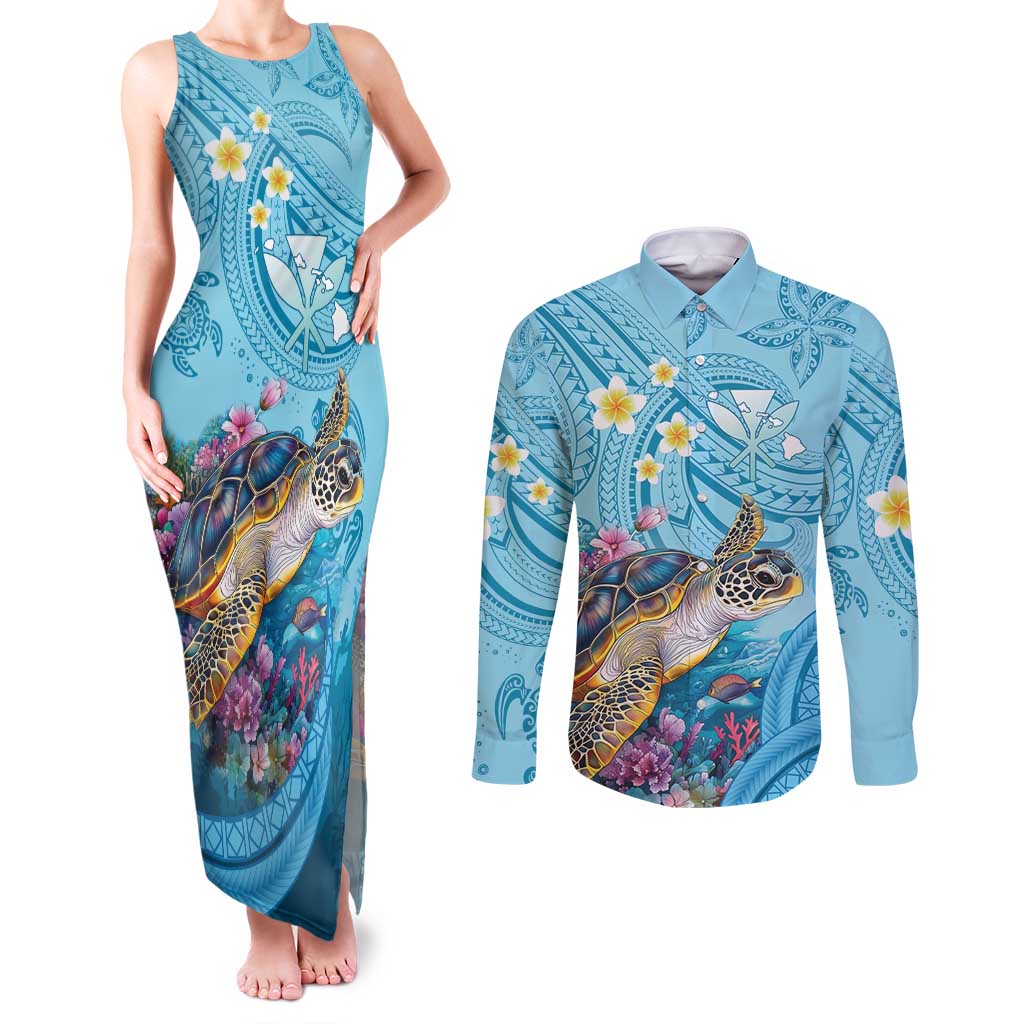 Personalized Hawaii Sea Turtle Couples Matching Tank Maxi Dress and Long Sleeve Button Shirt Hawaii Map Ocean Vibes