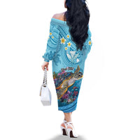 Personalized Hawaii Sea Turtle Family Matching Off The Shoulder Long Sleeve Dress and Hawaiian Shirt Hawaii Map Ocean Vibes