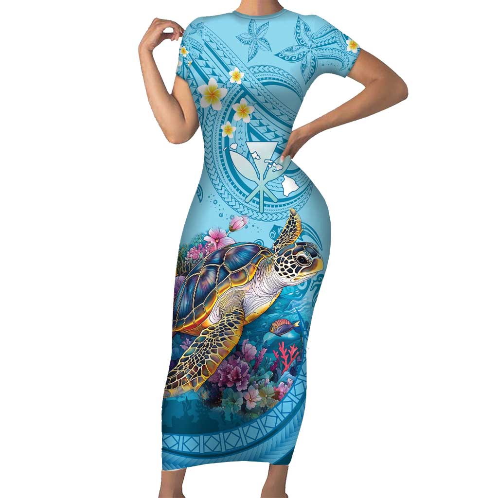 Personalized Hawaii Sea Turtle Short Sleeve Bodycon Dress Hawaii Map Ocean Vibes