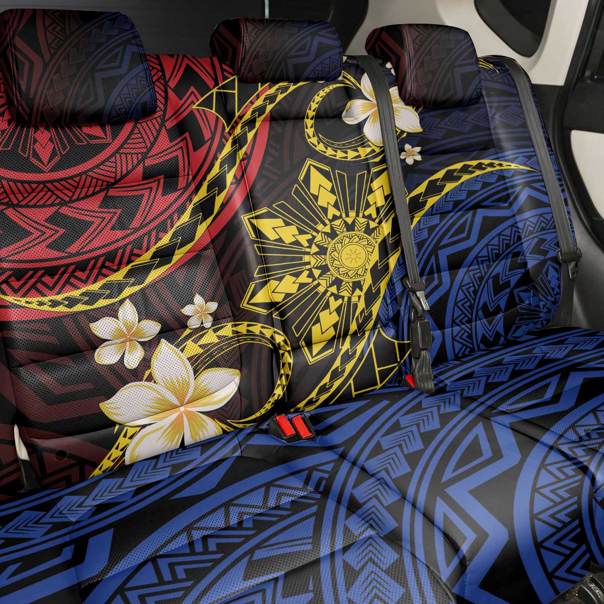 Philippines Spirit Tribal Sun Plumeria Back Car Seat Cover Red And Blue Polynesian Pattern
