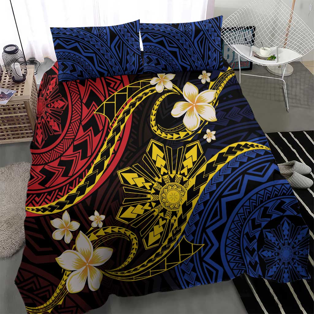 Philippines Spirit Tribal Sun Plumeria Bedding Set Red And Blue Polynesian Pattern