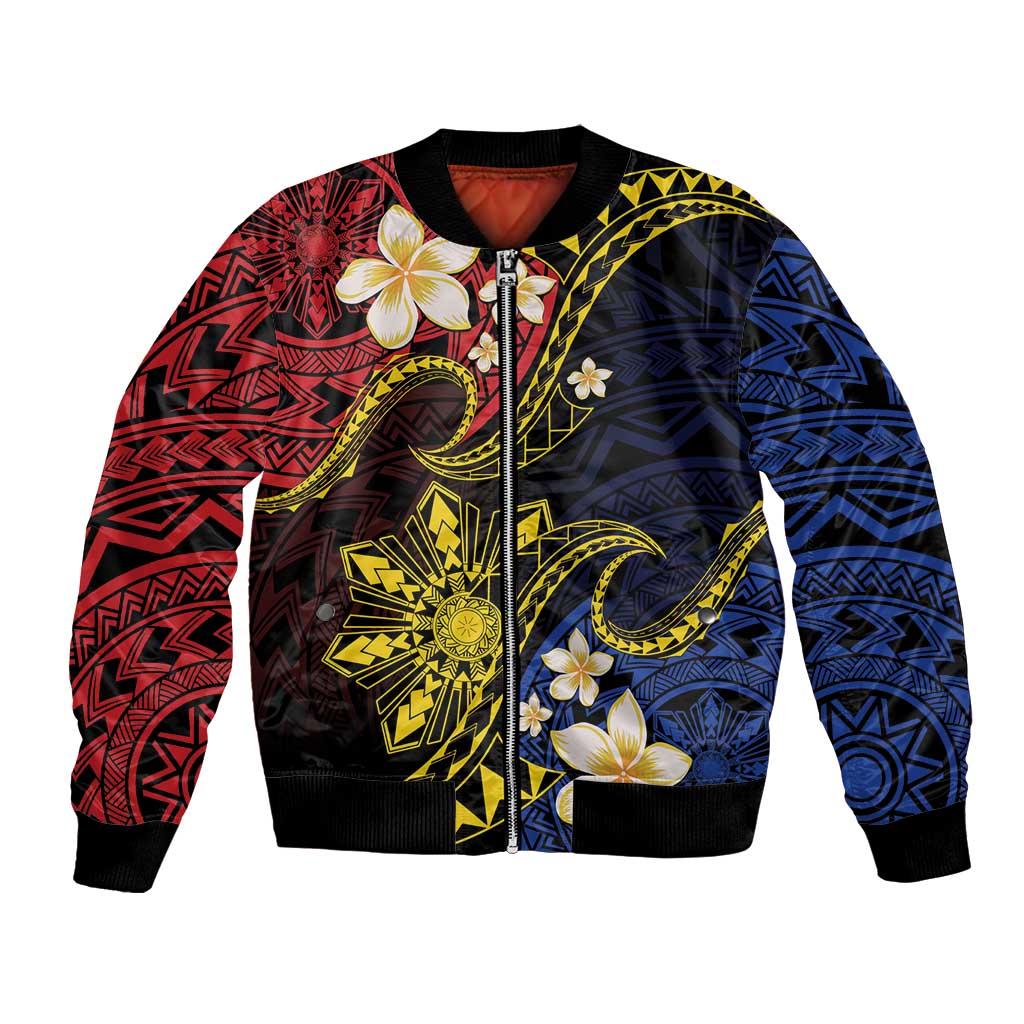 Philippines Spirit Tribal Sun Plumeria Bomber Jacket Red And Blue Polynesian Pattern LT01 Unisex Black - Polynesian Pride