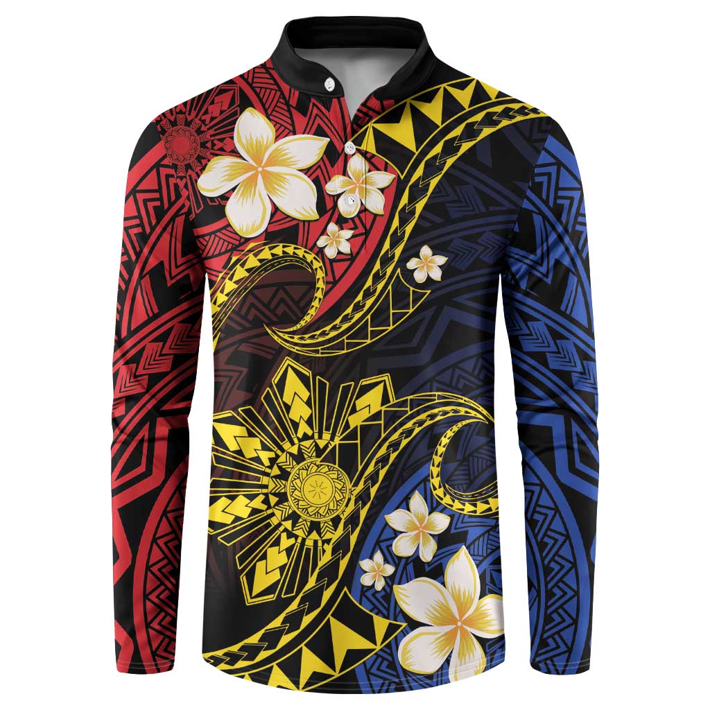 Philippines Spirit Tribal Sun Plumeria Button Sweatshirt Red And Blue Polynesian Pattern LT01 Black - Polynesian Pride