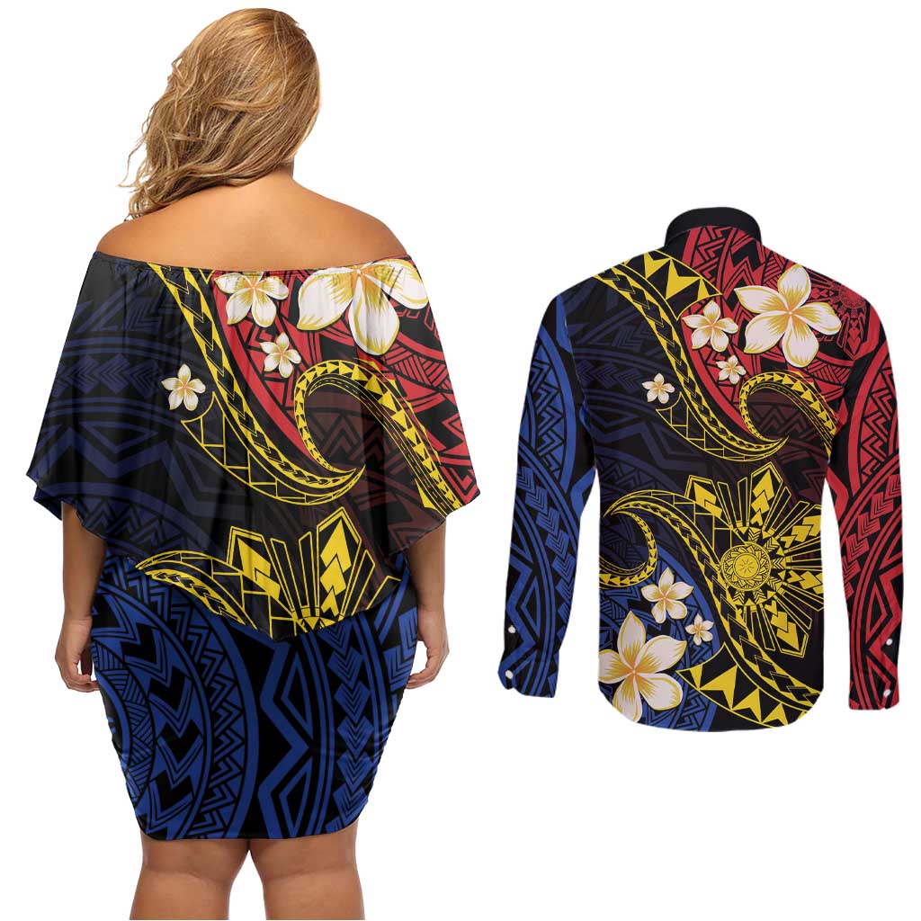 Philippines Spirit Tribal Sun Plumeria Couples Matching Off Shoulder Short Dress and Long Sleeve Button Shirt Red And Blue Polynesian Pattern