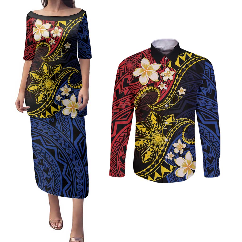 Philippines Spirit Tribal Sun Plumeria Couples Matching Puletasi and Long Sleeve Button Shirt Red And Blue Polynesian Pattern LT01 Black - Polynesian Pride