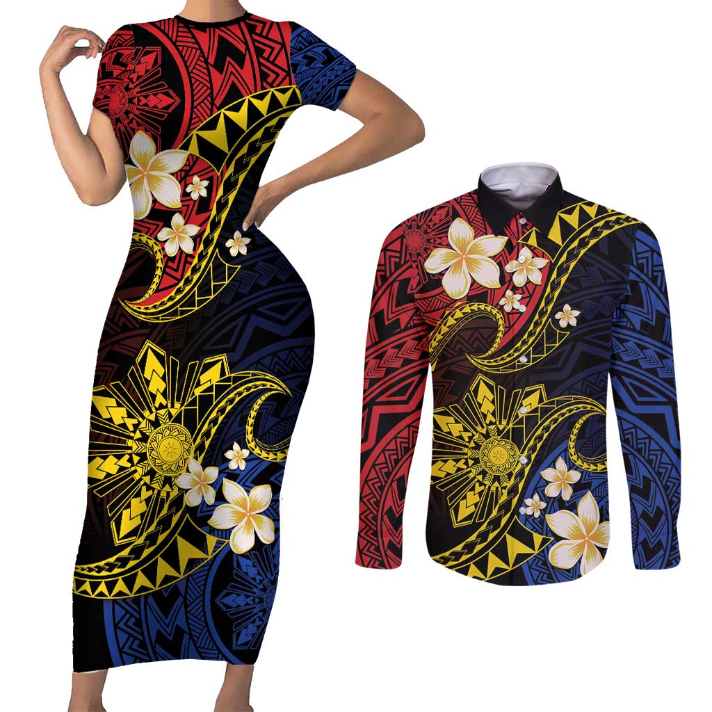 Philippines Spirit Tribal Sun Plumeria Couples Matching Short Sleeve Bodycon Dress and Long Sleeve Button Shirt Red And Blue Polynesian Pattern LT01 Black - Polynesian Pride
