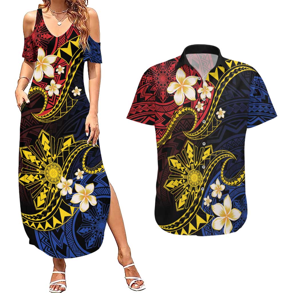 Philippines Spirit Tribal Sun Plumeria Couples Matching Summer Maxi Dress and Hawaiian Shirt Red And Blue Polynesian Pattern LT01 Black - Polynesian Pride