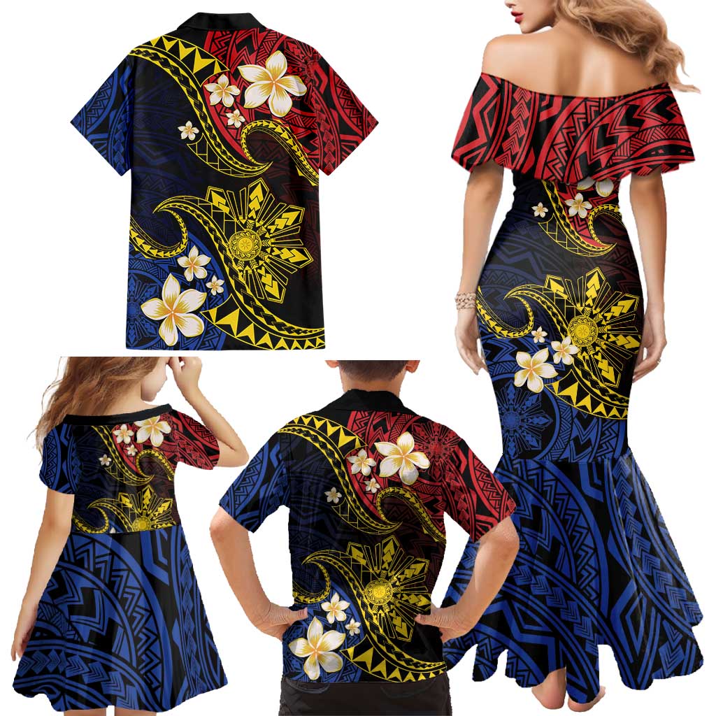 Philippines Spirit Tribal Sun Plumeria Family Matching Mermaid Dress and Hawaiian Shirt Red And Blue Polynesian Pattern
