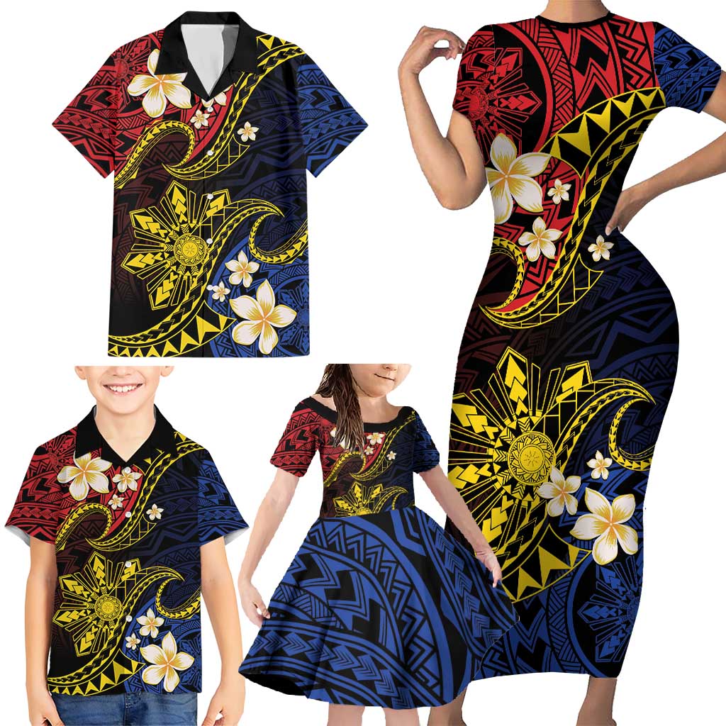 Philippines Spirit Tribal Sun Plumeria Family Matching Short Sleeve Bodycon Dress and Hawaiian Shirt Red And Blue Polynesian Pattern