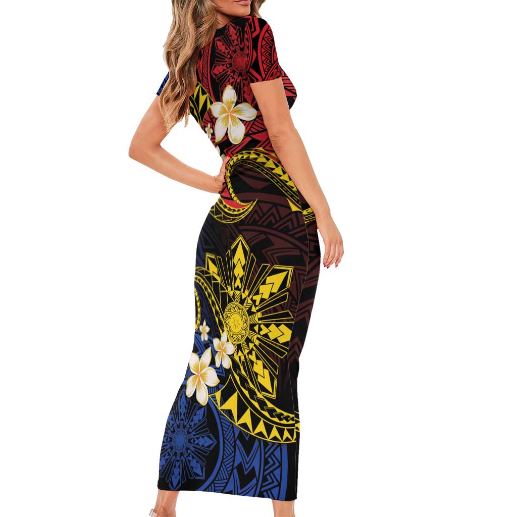 Philippines Spirit Tribal Sun Plumeria Family Matching Short Sleeve Bodycon Dress and Hawaiian Shirt Red And Blue Polynesian Pattern