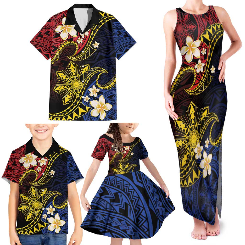 Philippines Spirit Tribal Sun Plumeria Family Matching Tank Maxi Dress and Hawaiian Shirt Red And Blue Polynesian Pattern